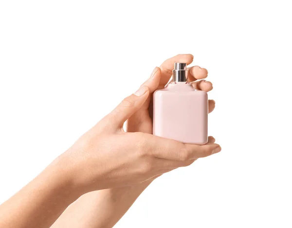 Woman Holding Bottle Perfume White Background — Stock Photo, Image