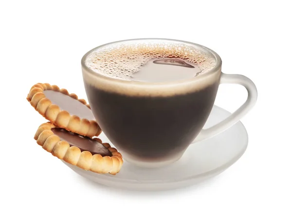 Tasse Leckeren Aromatischen Kaffee Und Kekse Auf Weißem Hintergrund — Stockfoto