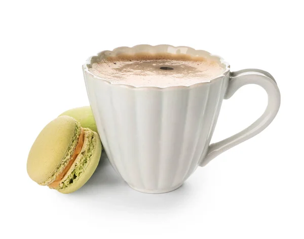 Cup Tasty Aromatic Coffee Macaroons White Background — Stock Photo, Image