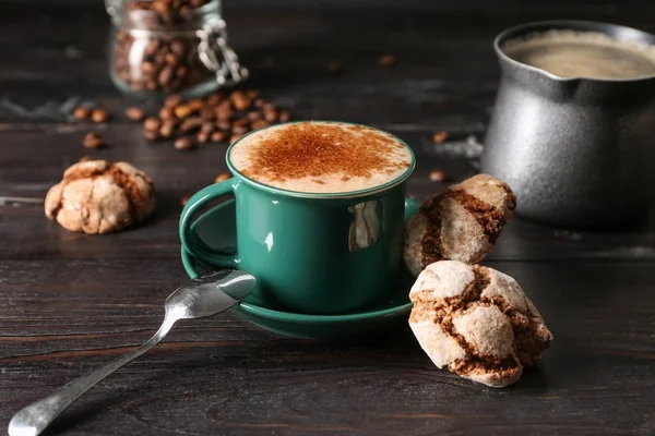 Mug Tasty Aromatic Coffee Cookies Dark Wooden Table — Stock Photo, Image