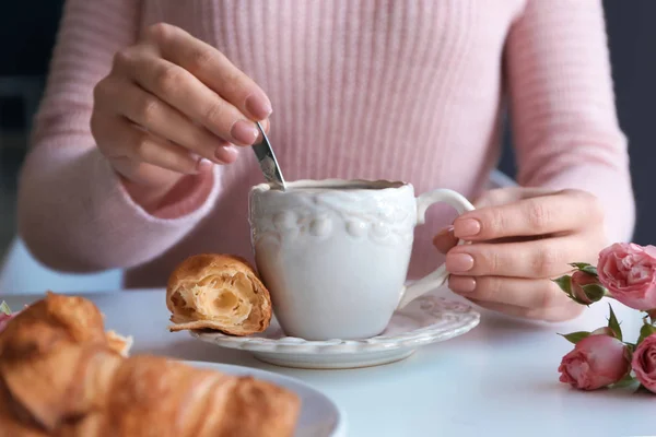 Woman Cup Tasty Aromatic Coffee Croissant White Table — Stock Photo, Image