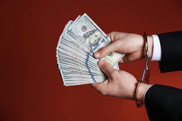 Businessman Handcuffs Bribe Color Background Corruption Concept — Stock Photo, Image