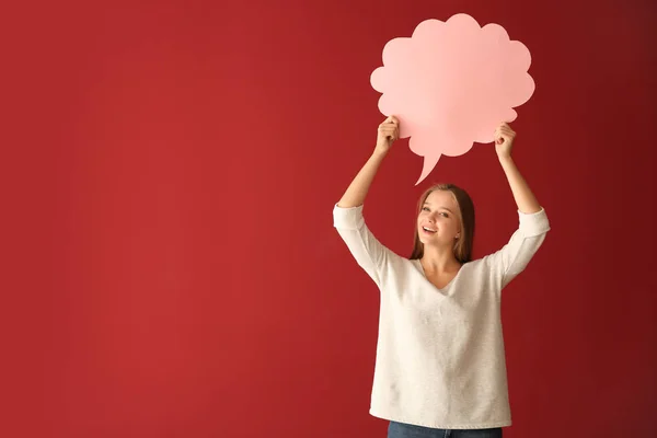 Young Woman Blank Speech Bubble Color Background — Stock Photo, Image