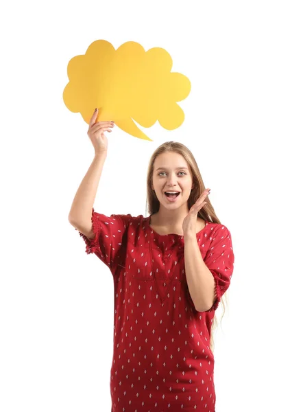 Excited Young Woman Blank Speech Bubble White Background — Stock Photo, Image