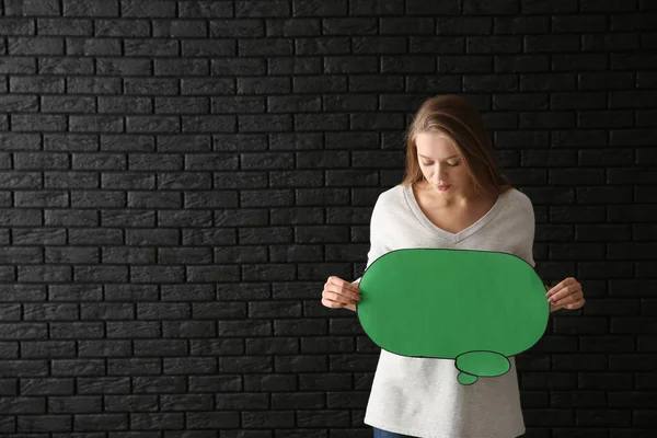 Young Woman Blank Speech Bubble Dark Background — Stock Photo, Image
