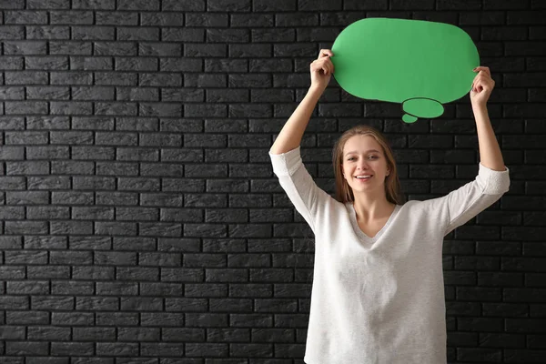 Young Woman Blank Speech Bubble Dark Background — Stock Photo, Image