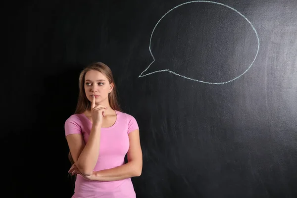 Thoughtful Young Woman Blank Speech Bubble Drawn Blackboard — Stock Photo, Image