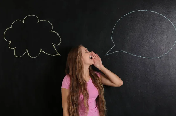 Screaming Young Woman Blank Speech Bubbles Drawn Blackboard — Stock Photo, Image