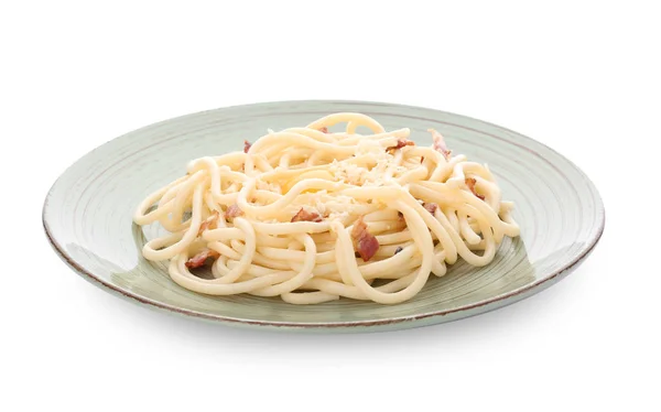 Plate Delicious Pasta Carbonara White Background — Stock Photo, Image