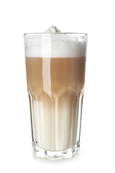 Glas Van Smakelijke Aromatische Latte Witte Achtergrond — Stockfoto