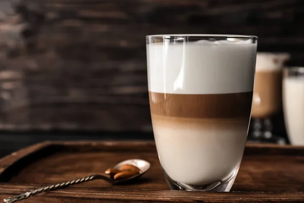 Glass Tasty Aromatic Latte Wooden Board — Stock Photo, Image