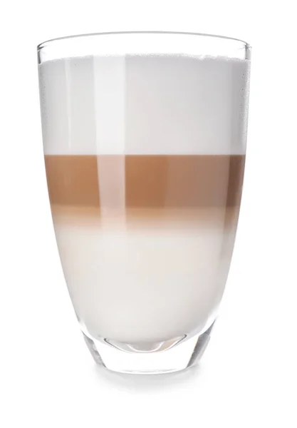 Vaso Sabroso Café Con Leche Aromática Sobre Fondo Blanco — Foto de Stock