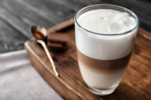 Glass Tasty Aromatic Latte Wooden Board — Stock Photo, Image