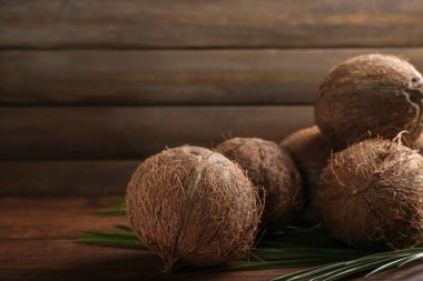 Ahşap arka plan üzerinde olgunlaşmış hindistancevizi