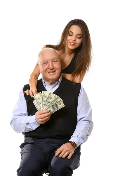 Старший Мужчина Банкнотами Молодая Женщина Белом Фоне Брак Расчету — стоковое фото