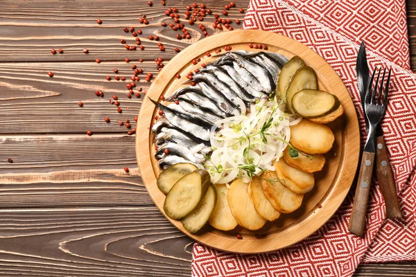 Tasty Sprats Potato Onion Pickles Table — Stock Photo, Image