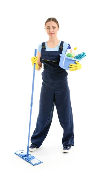 Woman Cleaning Supplies White Background — Stock Photo, Image