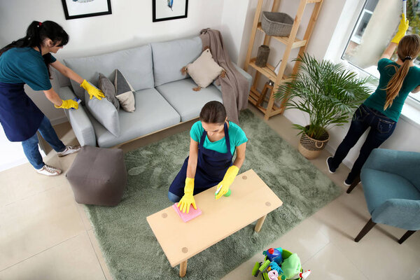 Team of janitors cleaning flat