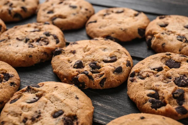 Tasty Cookies Chocolate Chips Dark Wooden Table — Stock Photo, Image