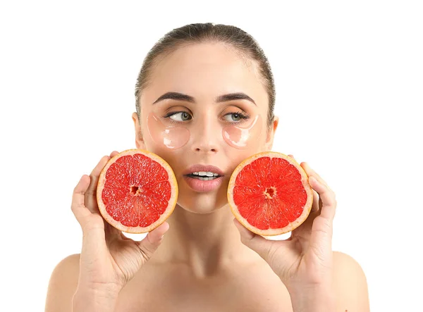 Beautiful Young Woman Eye Patches Grapefruit White Background — Stock Photo, Image