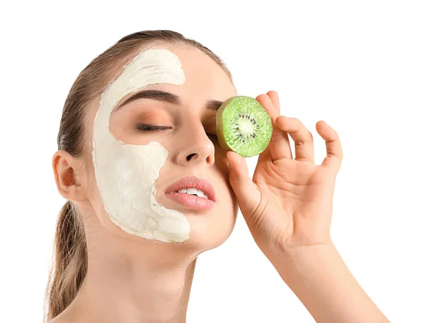 Beautiful Young Woman Kiwi Facial Mask White Background — Stock Photo, Image