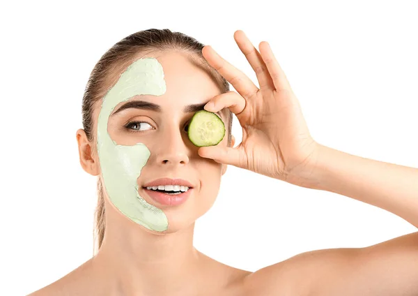 Beautiful Young Woman Cucumber Facial Mask White Background — Stock Photo, Image