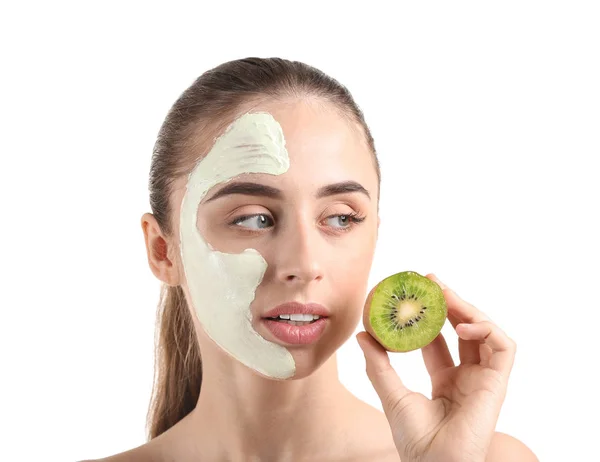 Beautiful Young Woman Kiwi Facial Mask White Background — Stock Photo, Image