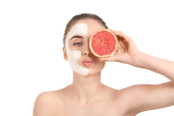 Beautiful Young Woman Facial Mask Grapefruit White Background — Stock Photo, Image