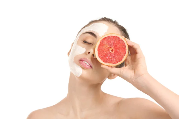 Beautiful Young Woman Facial Mask Grapefruit White Background — Stock Photo, Image