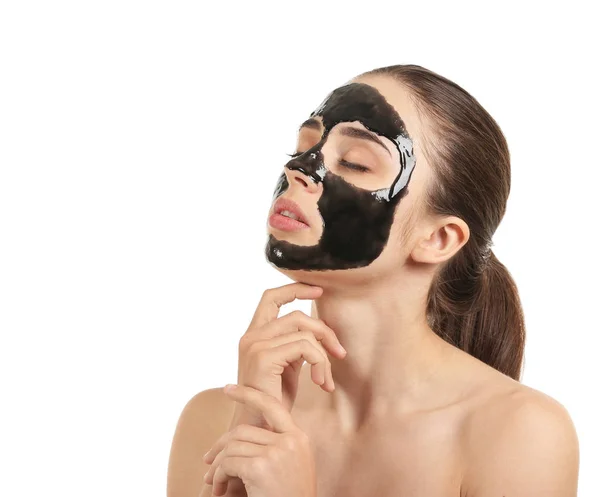 Mooie Jonge Vrouw Met Film Achtige Masker Witte Achtergrond — Stockfoto