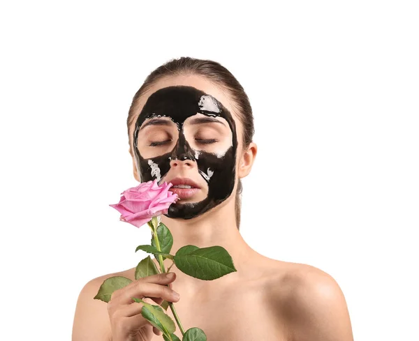 Hermosa Mujer Joven Con Máscara Tipo Película Flor Sobre Fondo —  Fotos de Stock