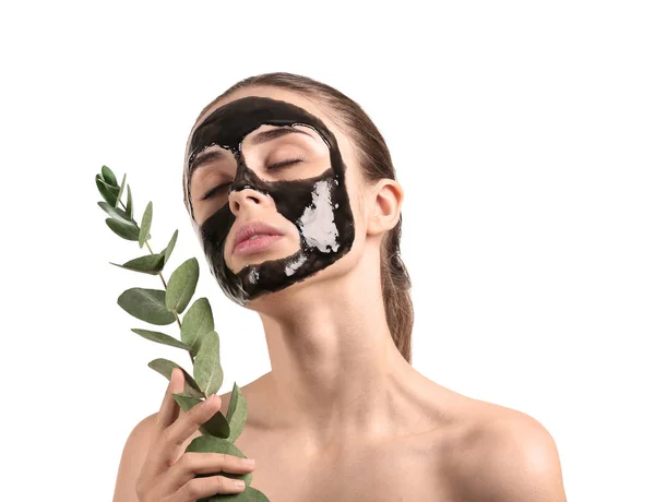 Mooie Jonge Vrouw Met Film Achtige Masker Witte Achtergrond — Stockfoto