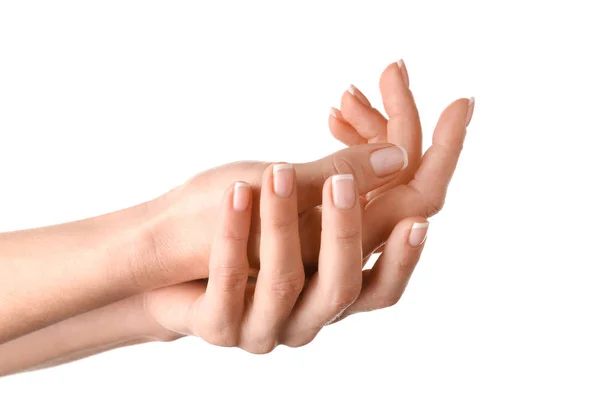 Mãos Femininas Com Manicure Fundo Branco — Fotografia de Stock