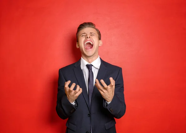 Portrait Screaming Young Businessman Color Background — Stock Photo, Image