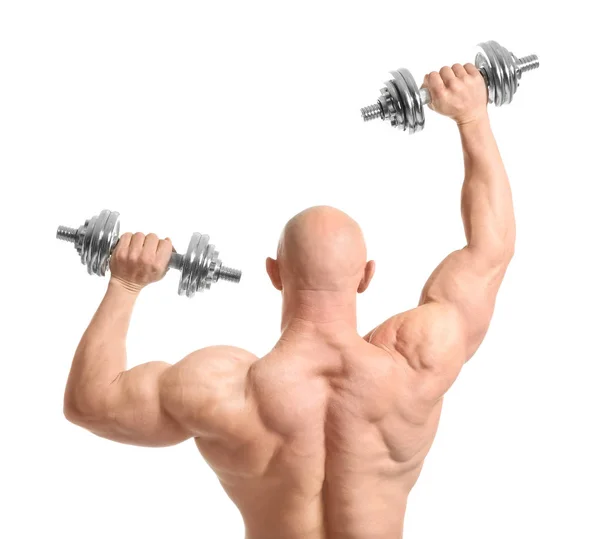 Muskulöser Bodybuilder Mit Hanteln Auf Weißem Hintergrund — Stockfoto