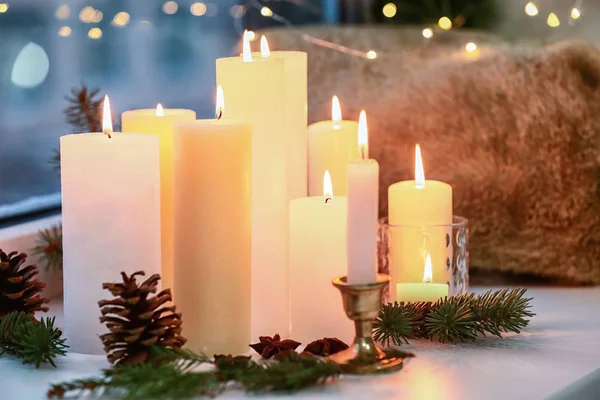 Beautiful Burning Candles Christmas Decor Window Sill — Stock Photo, Image