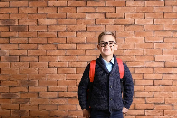 Cute Little Schoolboy Backpack Brick Wall — Stock Photo, Image