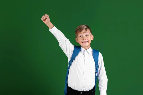 Happy Little Schoolboy Backpack Color Background — Stock Photo, Image