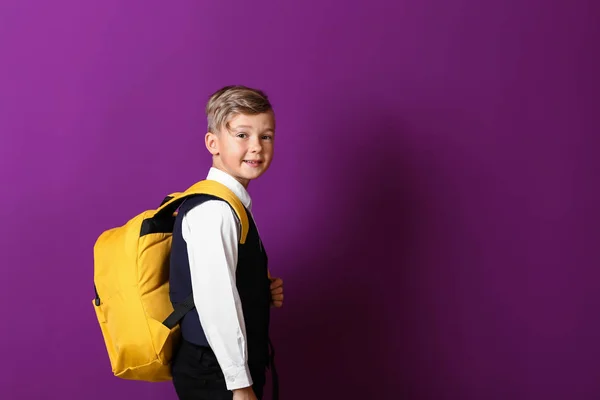 可爱的小小学生与背包在颜色背景 — 图库照片