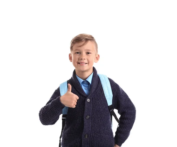 Schattige Kleine Schooljongen Met Rugzak Weergegeven Duim Witte Achtergrond — Stockfoto