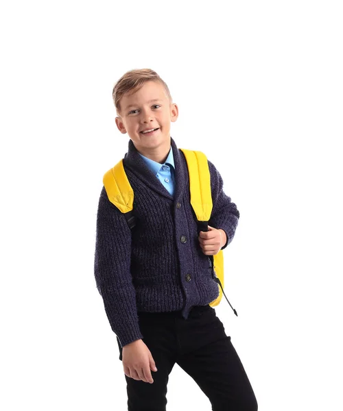 Cute Little Schoolboy Backpack White Background — Stock Photo, Image
