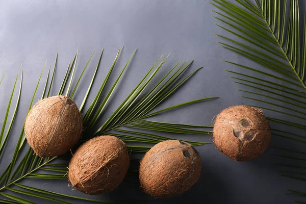 Rijp Kokosnoten Palmbladeren Kleur Achtergrond — Stockfoto