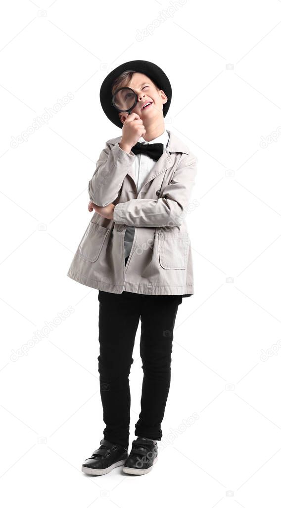 Cute little detective with magnifying glass on white background