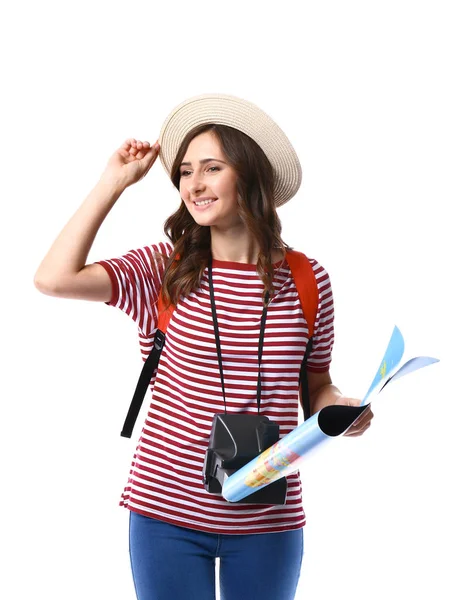 Turista Donna Con Mappa Sfondo Bianco — Foto Stock