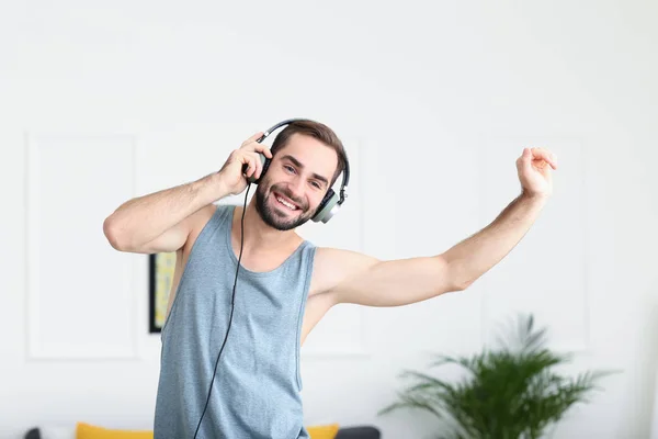 Handsome Young Man Dancing While Listening Music Home — Stock Photo, Image