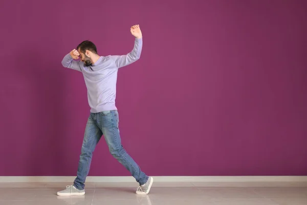 Handsome Young Man Dancing Color Wall — Stock Photo, Image