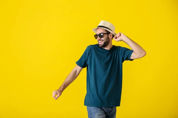 Handsome Young Man Dancing Color Background — Stock Photo, Image