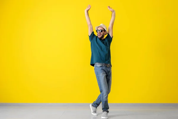 Handsome Young Man Dancing Color Wall — Stock Photo, Image