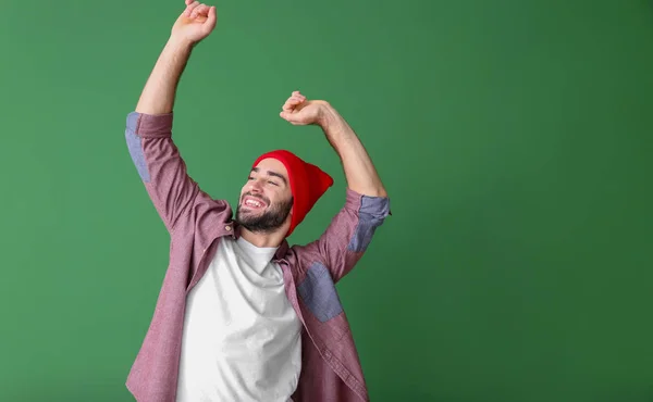 Guapo Joven Bailando Sobre Fondo Color —  Fotos de Stock