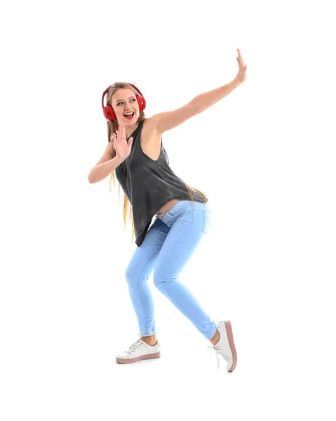 Hermosa Joven Bailando Sobre Fondo Blanco — Foto de Stock